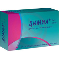 Димиа таблетки покрытые пленочной оболочкой 3мг + 0.02мг №28 в наборе: таблетки 2-х видов - белые (дроспиренон 3 мг + этинилэстрадиол 20 мкг)-24 шт., зеленые (плацебо)-4 шт.. Фото