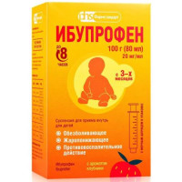 Ибупрофен суспензия для приема внутрь для детей 20 мг/мл 80мл/100г с ароматом клубники /в комплекте с мерным шприцем/. Фото