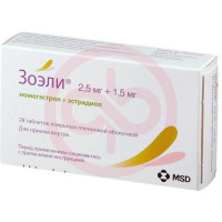 Зоэли таблетки покрытые пленочной оболочкой 2.5мг + 1.5мг №28 в наборе: таблетки 2-х видов - белые (номегэстрол 2.5 мг + эстрадиол 1.5 мг)-24 шт., желтые (плацебо)-4 шт.. Фото