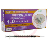 Сфм шприц инсулиновый u-100 1мл №20 3-х ком. съем. игла 26g 0,45 х12,0мм. Фото
